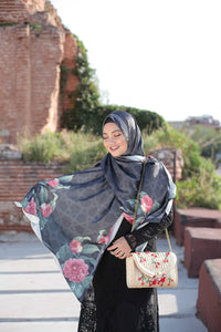 Turkish Collection : Black with red roses satin luxe scarf